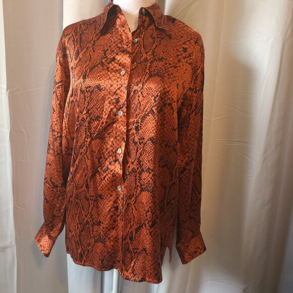 Woman's Votre Nom Button front Top - M - 100% Silk long sleeve copper & Black - Picture 1 of 7